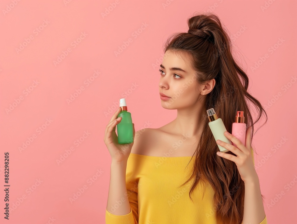 young beautiful woman choosing different hair products, hold palms showing difference products best choice shopping young beautiful woman choosing different hair products, hold palms showing difference products best choice shopping