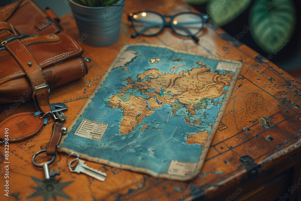 A top-down view of a map spread out on a wooden table, with glasses, keys, and a leather bag nearby. The warm, vintage aesthetic is prominent