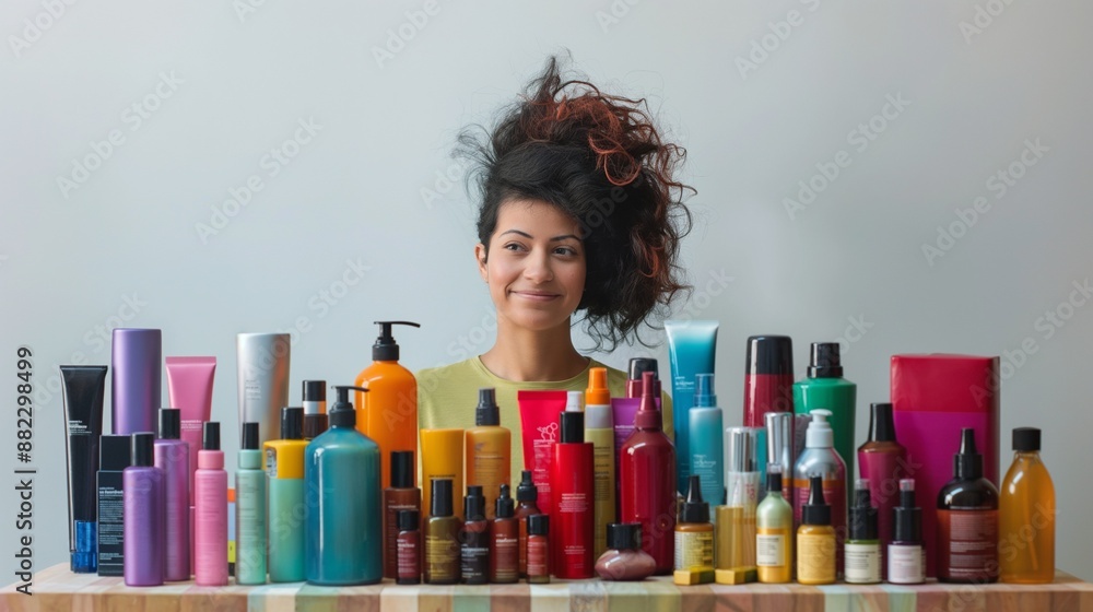 woman standing behind a table filled with different hair products, woman choosing hair care products in shop woman standing behind a table filled with different hair products, woman choosing hair care products in shop