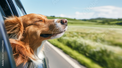 Photorealistic dog enjoying the breeze with his head out of a moving car window, rural countryside in the background