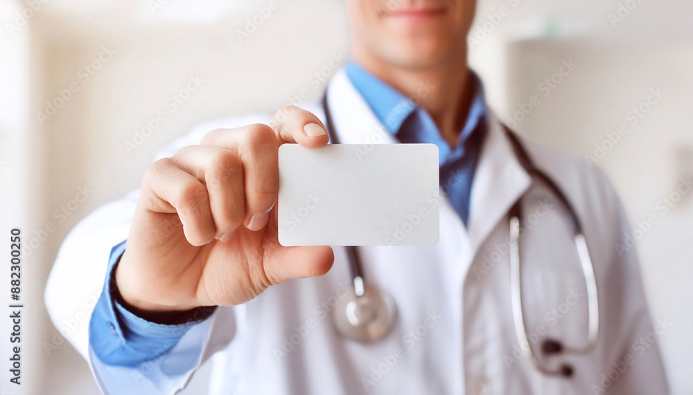 Doctor in white coat holding empty business card close to the camera in a bright hospital room, close-up, mockup Doctor in white coat holding empty business card close to the camera in a bright hospital room, close-up, mockup