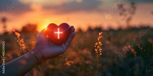 Hand holding a red heart with a cross in a wheat field at sunset