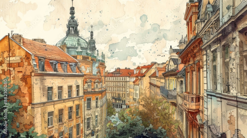 Naklejka premium ink and watercolor illustration of an old European cityscape
