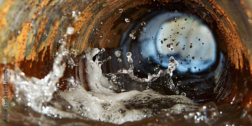 Rusty drainpipe inside with water