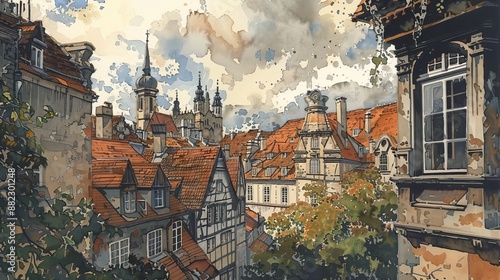 ink and watercolor illustration of an old European cityscape photo