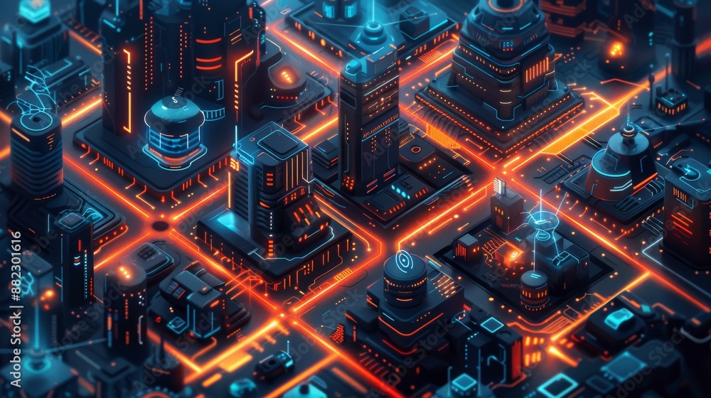 A futuristic technology illustration featuring a smart city with advanced infrastructure, drones A futuristic technology illustration featuring a smart city with advanced infrastructure, drones