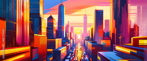 Serene Sunset Over Vibrant Cityscape: Dynamic Energy in Digital Drawing