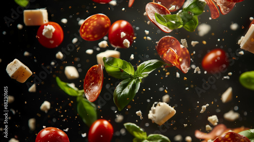 Flying Pizza Ingredients with Pepperoni, Basil, and Cheese