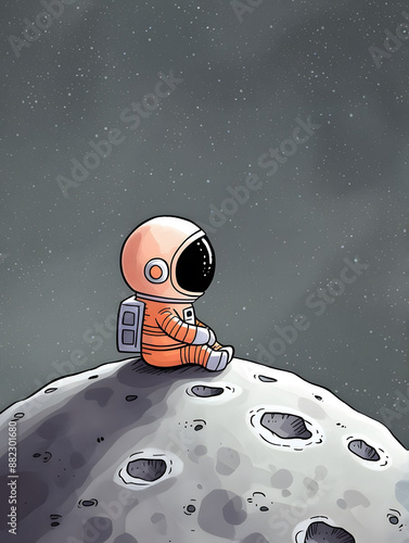 Contemplative Astronaut on Cratered Moon, Gazing into the Cosmic Void