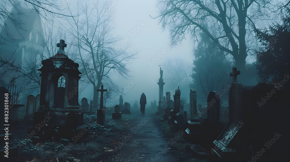 Spooky silhouette of a ghostly figure traveling through fog-covered grounds, with an eerie atmosphere. Spooky silhouette of a ghostly figure traveling through fog-covered grounds, with an eerie atmosphere.