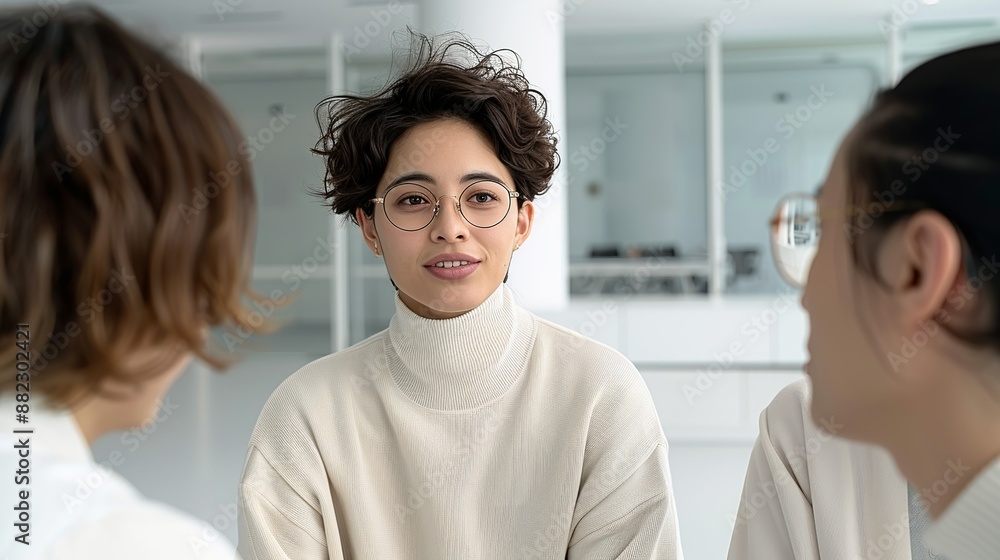 Fototapeta premium Portrait of business people discussing strategies in a modern workspace, highlighting the synergy of collaboration, moral integrity, and environmental awareness in driving successful outcomes