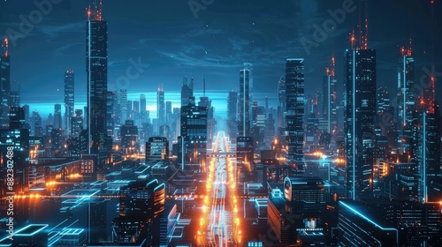 Wallpaper Mural High-tech digital landscape with neon blue lights Torontodigital.ca