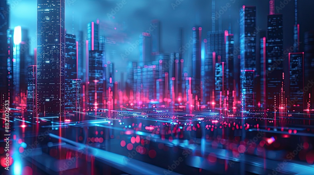 High-tech digital landscape with neon blue lights High-tech digital landscape with neon blue lights