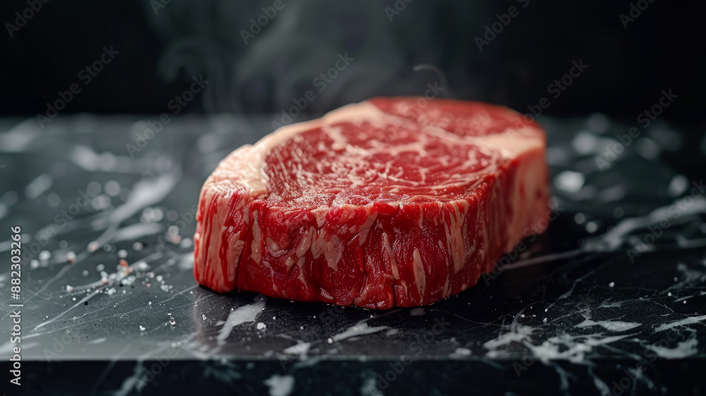 Marbled beef steak on a dark marble surface. Marbled beef steak on a dark marble surface.