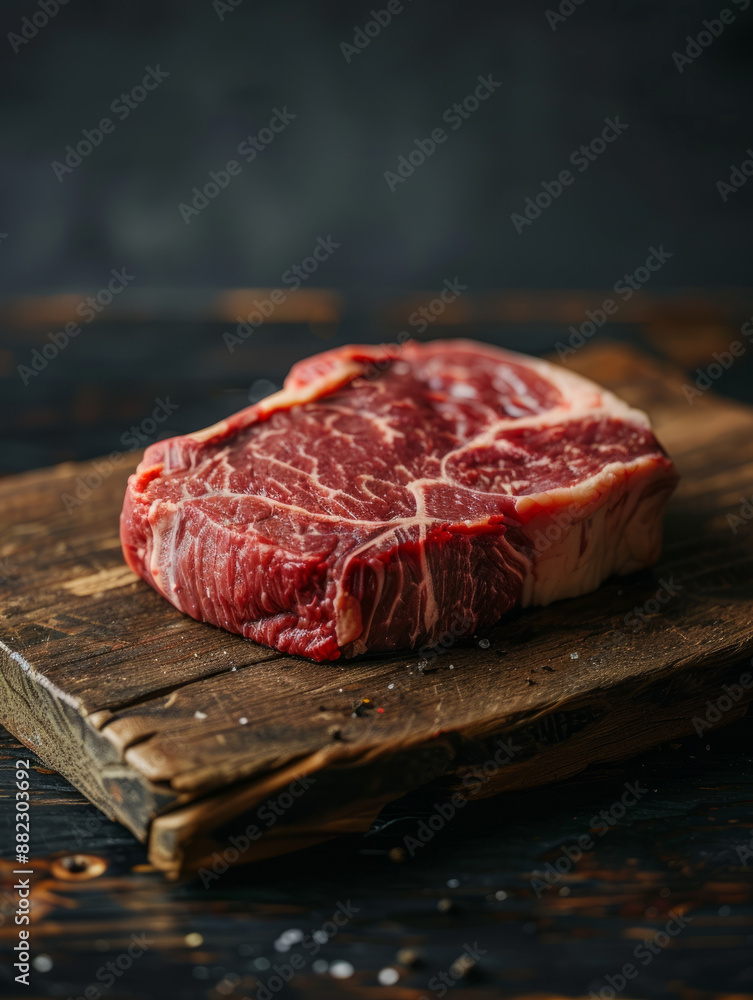 A raw ribeye steak on a wooden board. A raw ribeye steak on a wooden board.