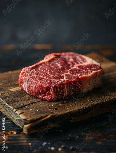 A raw ribeye steak on a wooden board.