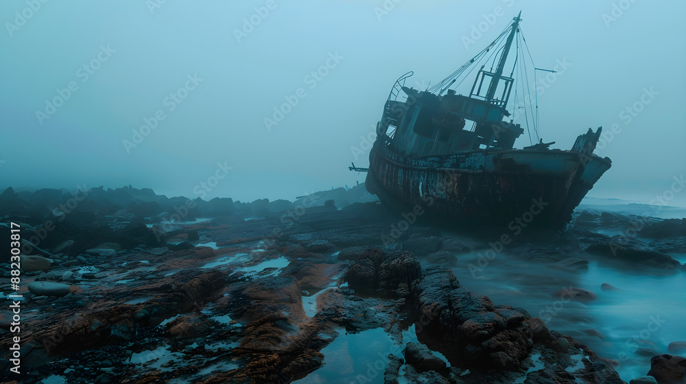 A haunted shipwreck stranded on jagged rocks, surrounded by mist and mystery on the shore. A haunted shipwreck stranded on jagged rocks, surrounded by mist and mystery on the shore.
