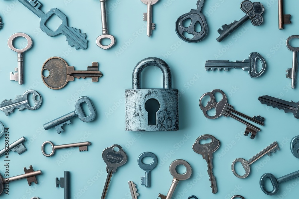 A padlock surrounded by keys on a blue background A padlock surrounded by keys on a blue background