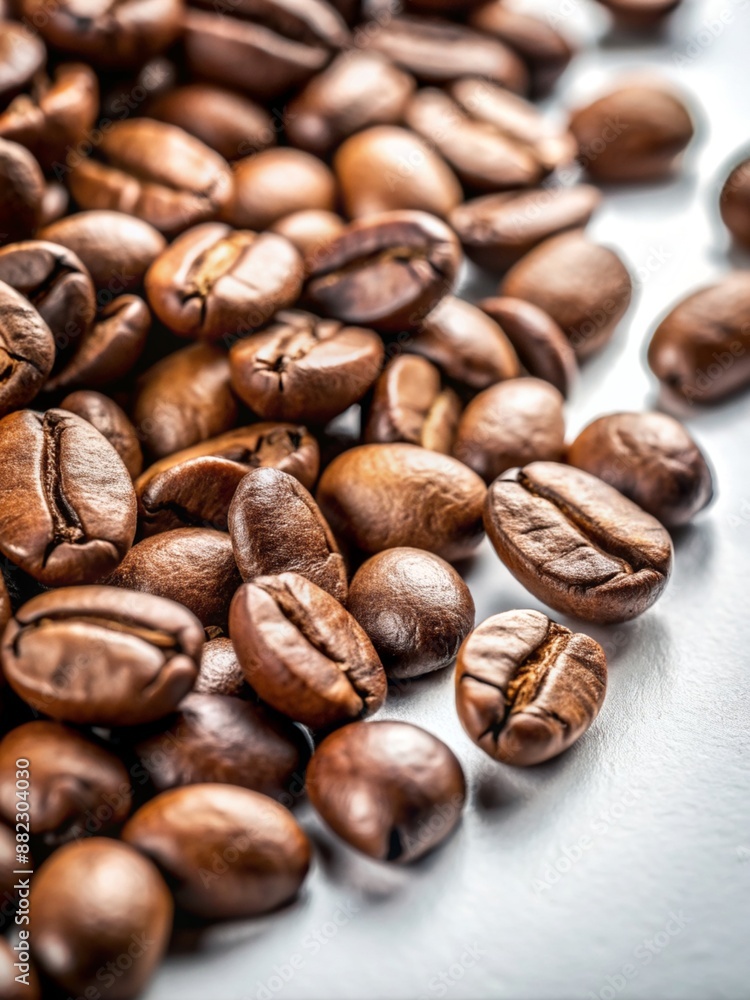 Close-up of coffee beans on a white surface, macro, rich brown tones Close-up of coffee beans on a white surface, macro, rich brown tones