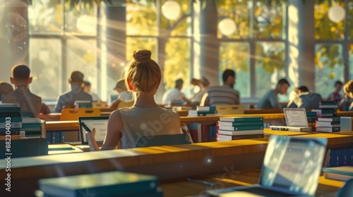Focused Student Studying in a Sunlit Library Setting