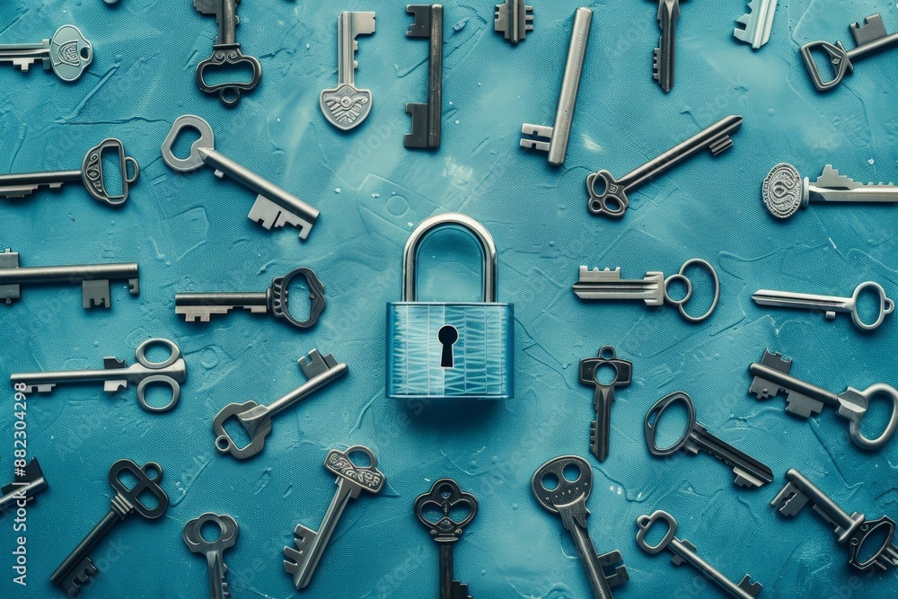 Obraz premium A padlock surrounded by keys on a blue background