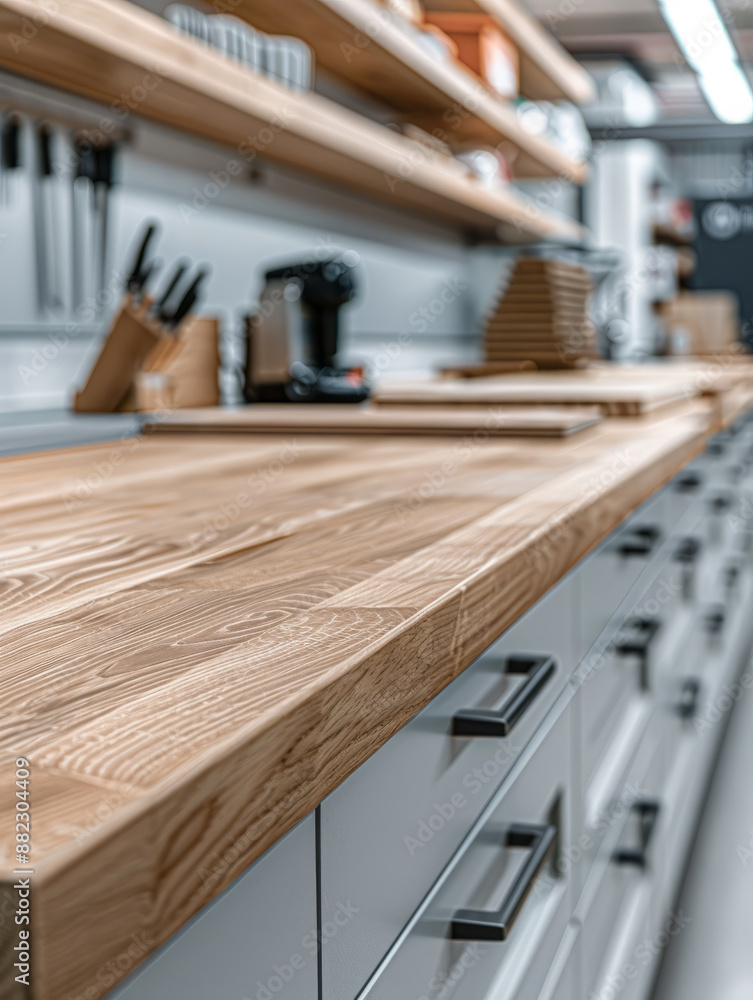 Modern kitchen with wooden countertop and organized kitchenware