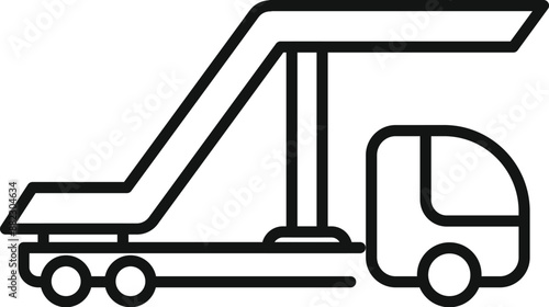 Simple black and white line drawing of airport passenger boarding stairs connected to a vehicle