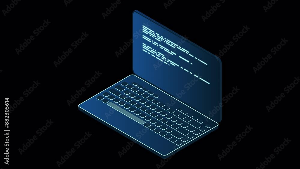 Isometric laptop animation. 3d isometric laptop computer. Abstract programming language and program code on a laptop screen. Transparent background with alpha channel Isometric laptop animation. 3d isometric laptop computer. Abstract programming language and program code on a laptop screen. Transparent background with alpha channel