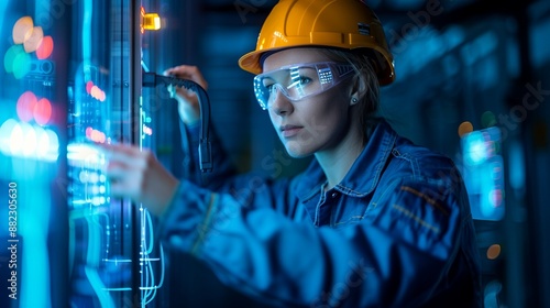 Double exposure image of engineers working in a twilight factory, demonstrating the dedication and modern technology driving their electrical and mechanical tasks Illustration, Image, , Minimalism,