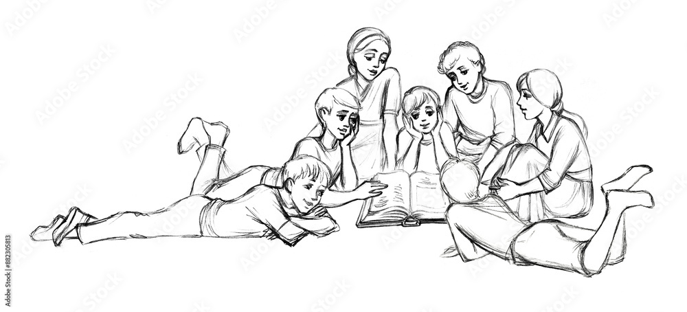Fototapeta premium Pencil drawing. Kids reading a book