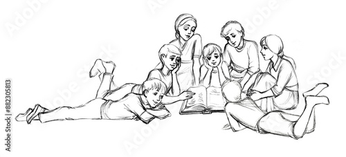 Pencil drawing. Kids reading a book © Marina