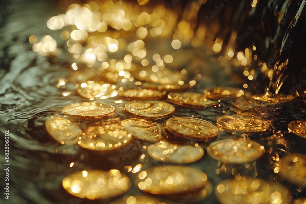 Golden coins submerged in water, illuminated by brilliant reflective lighting, creating a mesmerizing effect. Golden coins submerged in water, illuminated by brilliant reflective lighting, creating a mesmerizing effect.