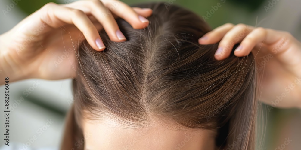 Naklejka premium A top-down view of a woman using her hands to part her straight, neatly aligned hair under soft natural lighting.