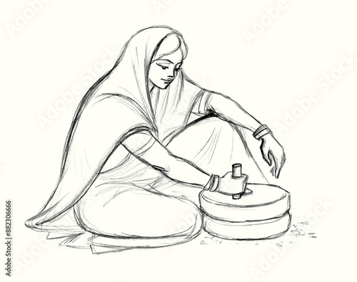 Pencil drawing. Woman working with a millstone