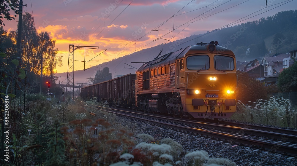 Fototapeta premium Train Passing at Sunset