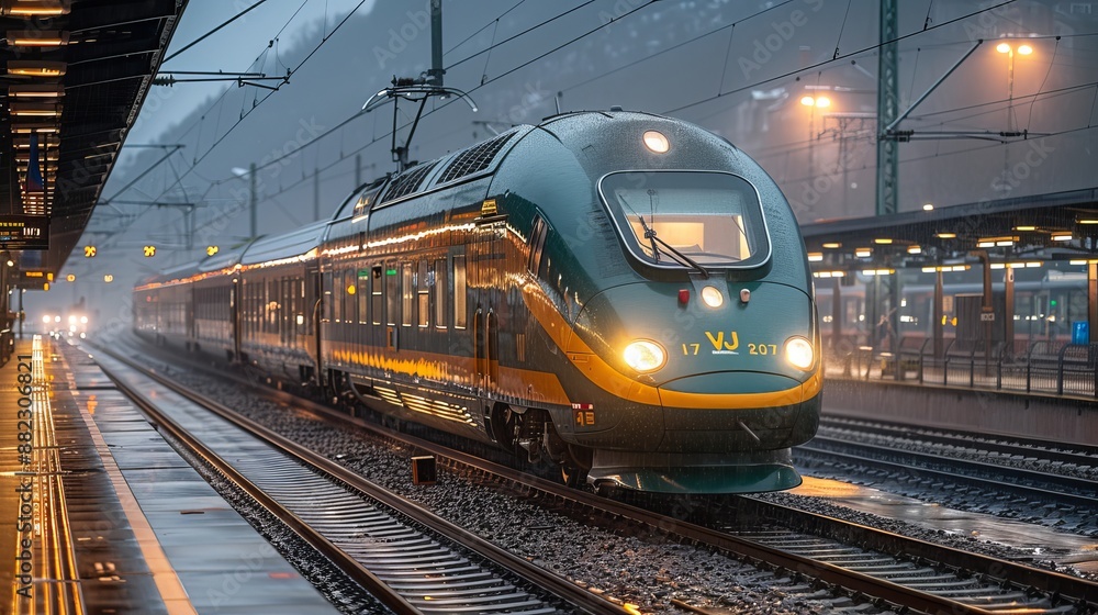 Fototapeta premium Green Train Departing Station in Rainy Weather