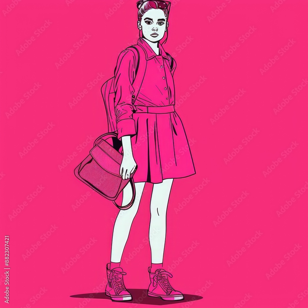 Fashionable Woman in Pink with Stylish Accessories on Vibrant Background Fashionable Woman in Pink with Stylish Accessories on Vibrant Background
