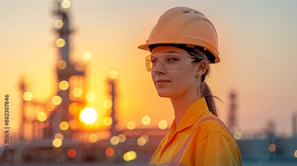 Silhouette of a technician at an oil refinery during twilight, combined with double exposure of advanced machinery, highlighting determination and technological progress Illustration, Image, , Silhouette of a technician at an oil refinery during twilight, combined with double exposure of advanced machinery, highlighting determination and technological progress Illustration, Image, ,