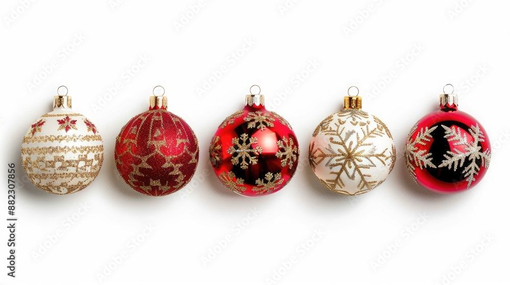 Christmas baubles in red and gold with snowflakes Christmas baubles in red and gold with snowflakes