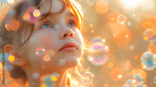 A dreamy portrait of a child with blue eyes, gazing upwards, surrounded by colorful bubbles and warm, glowing light, capturing a moment of wonder photo