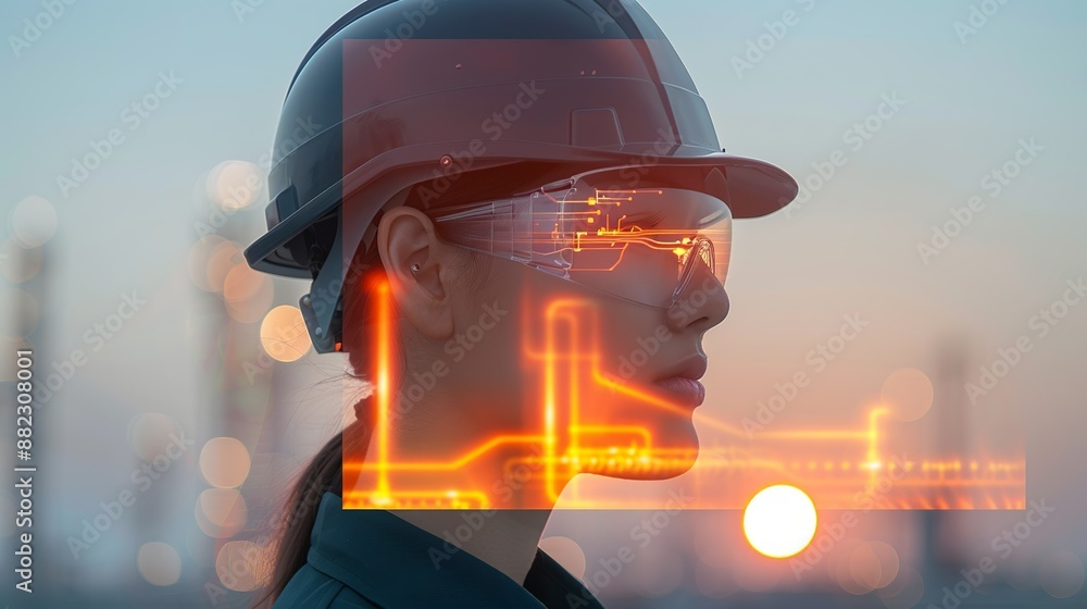 Silhouette of a technician at an oil refinery during twilight, with double exposure of advanced electrical systems, highlighting their hard work and technological advancements Illustration, Image, , Silhouette of a technician at an oil refinery during twilight, with double exposure of advanced electrical systems, highlighting their hard work and technological advancements Illustration, Image, ,