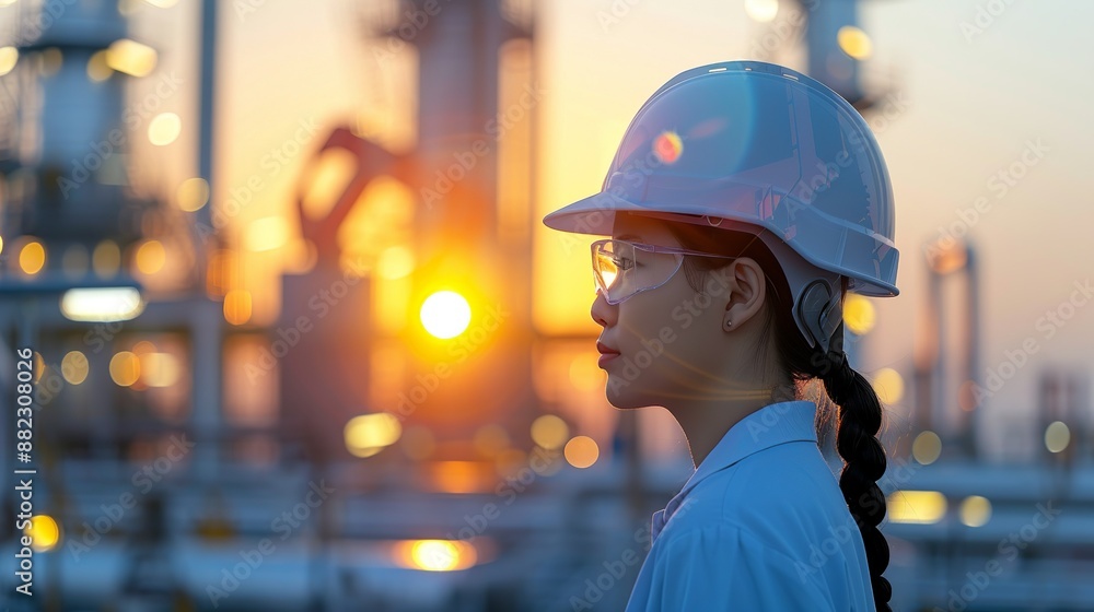 Silhouette of a technician at an oil refinery during twilight, with double exposure of advanced machinery, emphasizing hard work and technological advancements Illustration, Image, , Minimalism, Silhouette of a technician at an oil refinery during twilight, with double exposure of advanced machinery, emphasizing hard work and technological advancements Illustration, Image, , Minimalism,