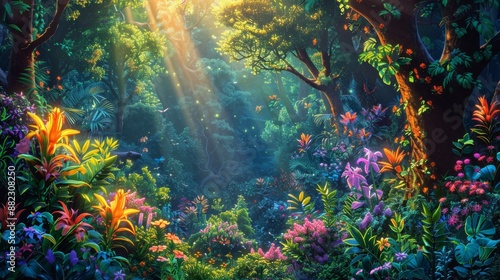 Wallpaper Mural illustration featuring a lush forest with various plants, flowers, and animals Torontodigital.ca