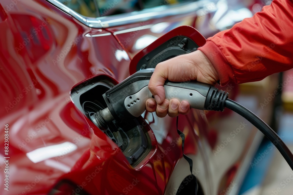 Charging an electric red car at a charging station Charging an electric red car at a charging station