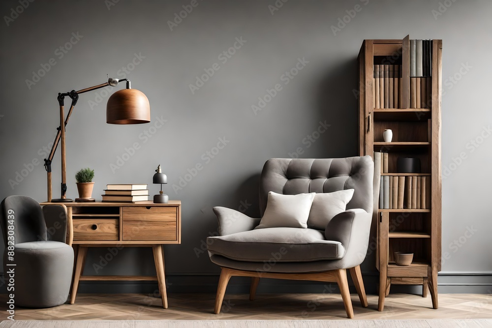 Books and lamp on rustic cupboard next to grey armchair with cushion against a wall with copy space in living room interior.