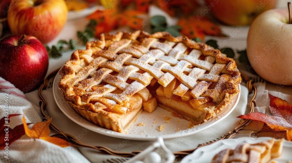 Delicious apple pie with a slice cut out on a white plate Delicious apple pie with a slice cut out on a white plate