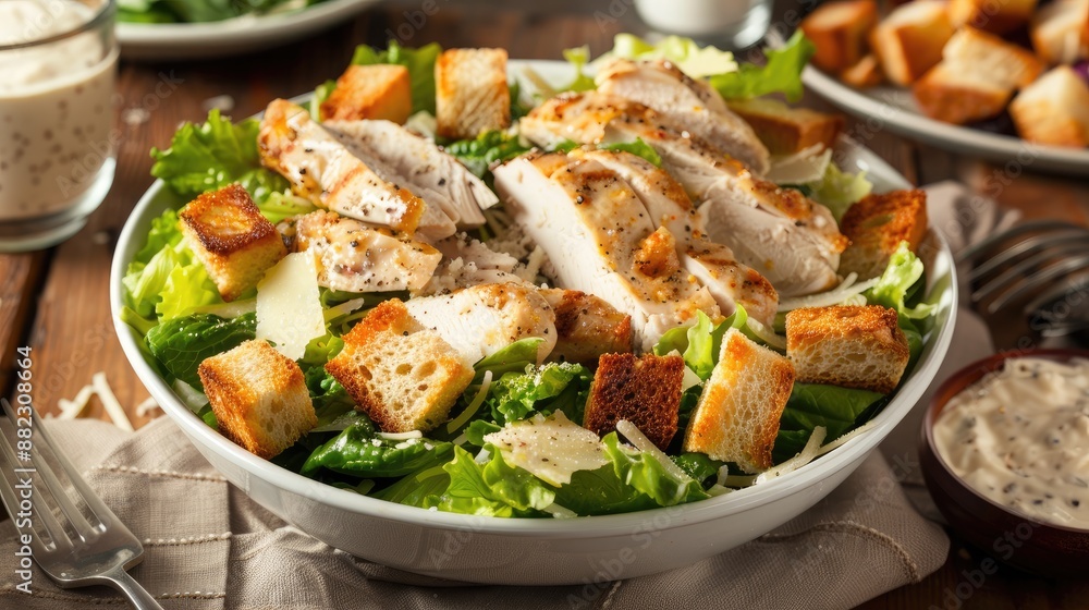 Delicious chicken Caesar salad with croutons and parmesan Delicious chicken Caesar salad with croutons and parmesan