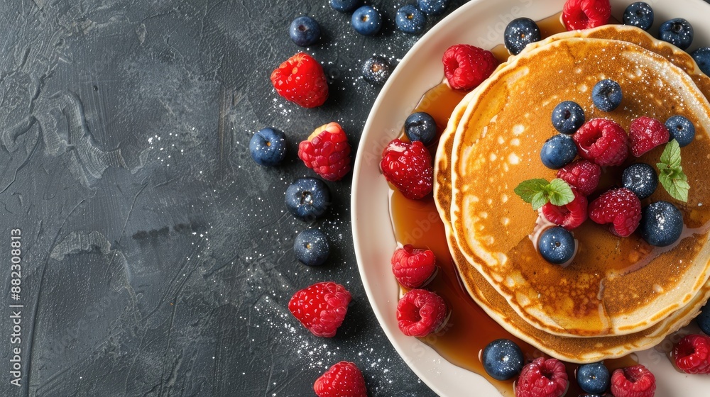 Delicious pancakes with fresh berries and maple syrup Delicious pancakes with fresh berries and maple syrup