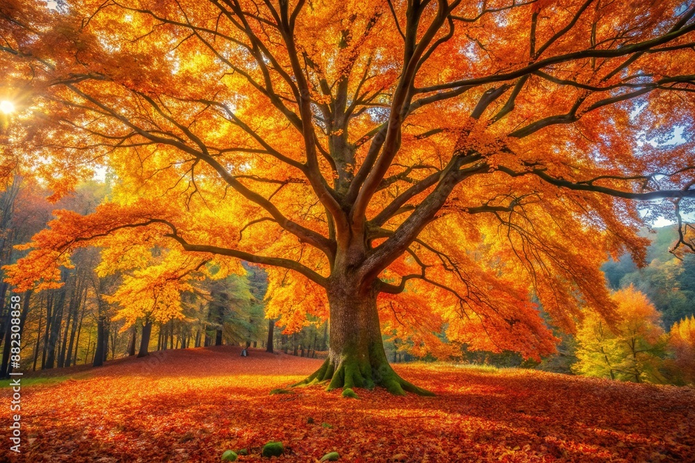 Vibrant orange and yellow leaves adorn a majestic autumn tree standing alone in a serene forest, surrounded by a carpet of fallen foliage. Vibrant orange and yellow leaves adorn a majestic autumn tree standing alone in a serene forest, surrounded by a carpet of fallen foliage.
