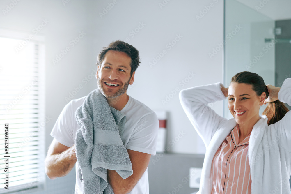 Fototapeta premium Couple, getting ready and smile in bathroom for morning routine with skincare, grooming and haircare in home. People, happy or cosmetics with hygiene preparation, start of day or wellness for wake up